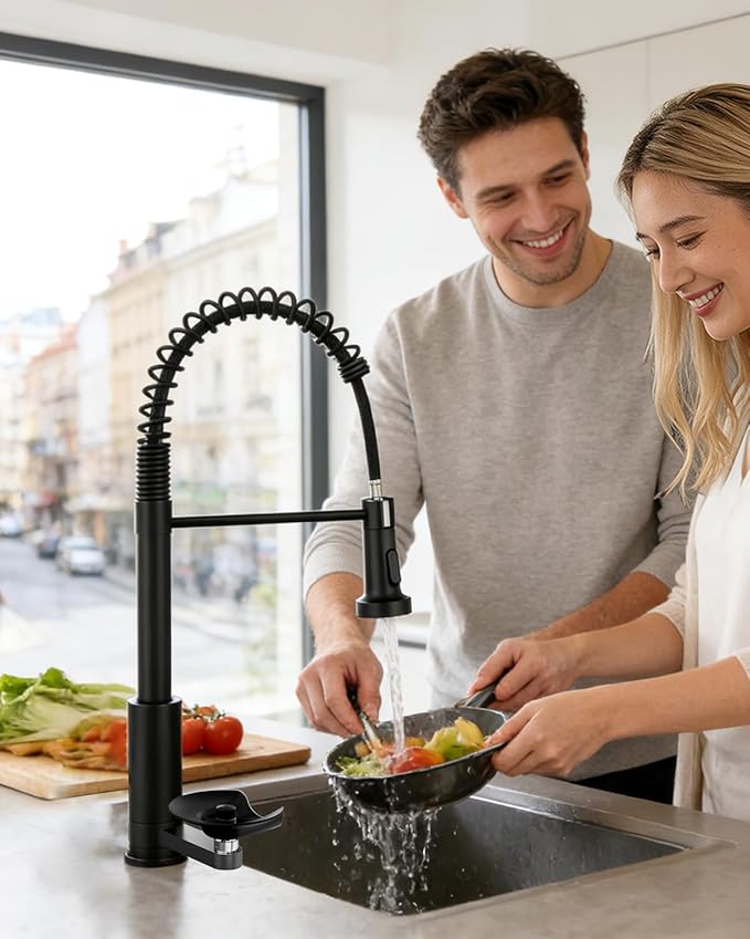 OWOFAN Kitchen Faucet with Cup Washer Pull Down Sprayer Stainless Steel Kitchen Sink Faucet with Deck Plate Glass Rinser Single Hole Black