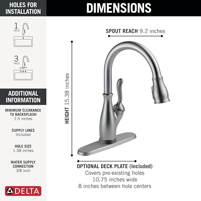 Delta Leland Touchless Kitchen Faucet with Touch Technology, Brushed Nickel Kitchen Sink Faucet with Pull Down Sprayer, Single Hole, Arctic Stainless 9178TL-AR-DST