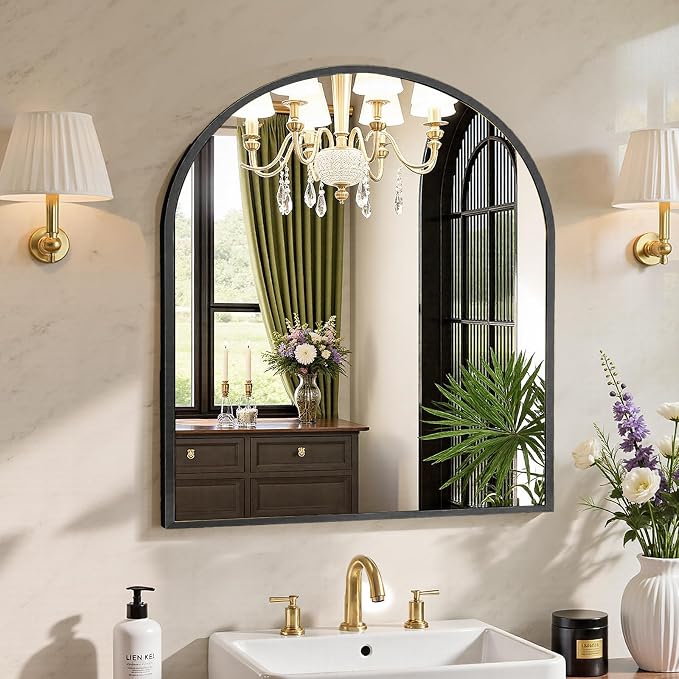 Sweetcrispy 31x32 Bathroom Mirrors for Wall, Arched Mirror for Over Sink | Metal Framed HD Shatter-Proof Glass, Decor Wall Mirror for Entryway, Living Room, Bedroom, Black