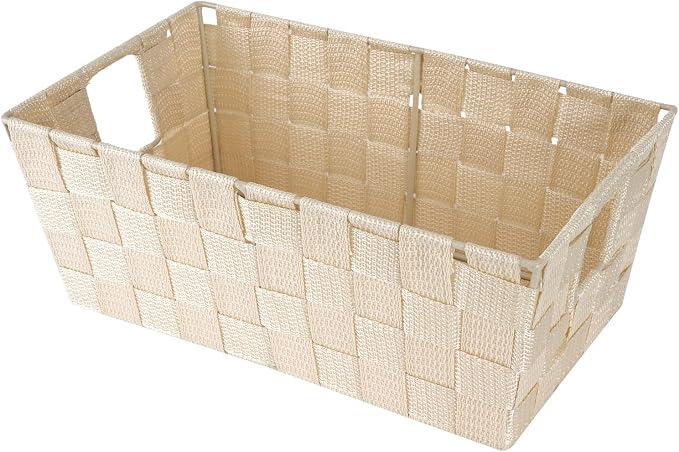 Whitmor Small Woven Storage Baskets for Shelves - Decorative Bathroom Organizer Bins with Metal Structure, Versatile Shelf Storage Solution for Home Organization & Closet (Latte)