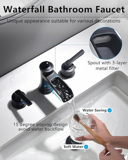 Fapully Matte Black Bathroom Sink Faucet, Waterfall Bathroom Faucets 3 Hole, 8 Inch Widespread Bathroom Faucet with Pop-up Drain, 2-Handle Faucet for Bathroom Sink Vanity RV