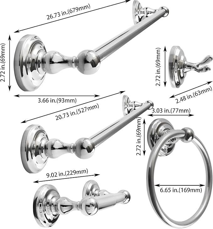 SENTO ROBIKI Bathroom Accessories Set, Bath Hardware, Includes Robe Hook, Toilet Paper Holder, Towel Ring, 18” & 24” Towel Bar, Duty Metal Bath Hardware Set Wall Mounted (5-Piece, Polished Chrome)
