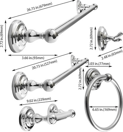SENTO ROBIKI Bathroom Accessories Set, Bath Hardware, Includes Robe Hook, Toilet Paper Holder, Towel Ring, 18” & 24” Towel Bar, Duty Metal Bath Hardware Set Wall Mounted (5-Piece, Polished Chrome)