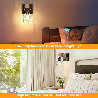 FadimiKoo Wall Sconces Set of Two, Bedside Wood Wall Lamps with Rotary Switch, Black Bathroom Vanity Light with Silver Wire Cage, Rustic Dimmable Sconces Wall Lighting for Living Room, Hallway, Mirror