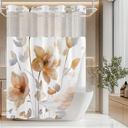 No Hook Shower Curtain and Liner Set, Orange Boho Floral 71x77 | Watercolor Boho Flower, with Snap in Liner, Waterproof, Machine Washable, Quick-Drying, for Hotel Bathroom