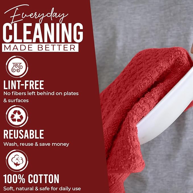 DAN RIVER Red Kitchen Towels, 12 Pack, 16x26 Inches Absorbent Dish Towels | 100% Cotton Absorbent Soft cotton kitchen towels for drying dishes, Quick Dry, Dish Towels for kitchen,Tea and Bar towels set