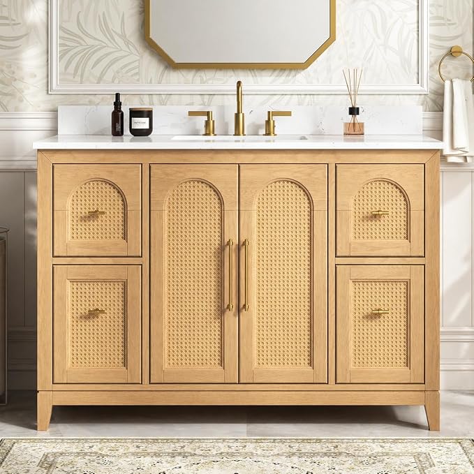 48 Inch Bathroom Vanity with Sink, Fully Assembled, Light Oak | Solid wood frame vanity with rattan details, gold hardware, 4 full-extension soft-close drawers, and adjustable feet