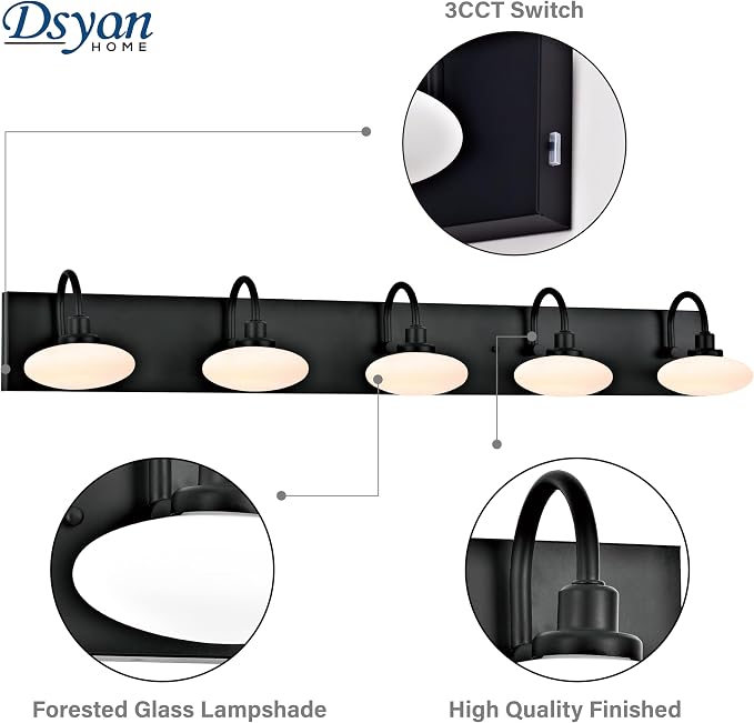 Matt Black LED Vanity Light Fixtures,5-Light Bathroom Vanity Lamp Wall Sconce Light,Wall Lamp Over Mirror,Modern Bath Light for Bathroom,Hallway,3000K-6000K,Selectable,Dimmable