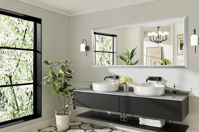 72x32 Inch Brushed Silver Bathroom Mirror for Wall, Thick Metal Framed Rectangle Mirrors for Over Sink, Bedroom, Living Room, Entryway, Anti-Rust, HD Tempered Glass