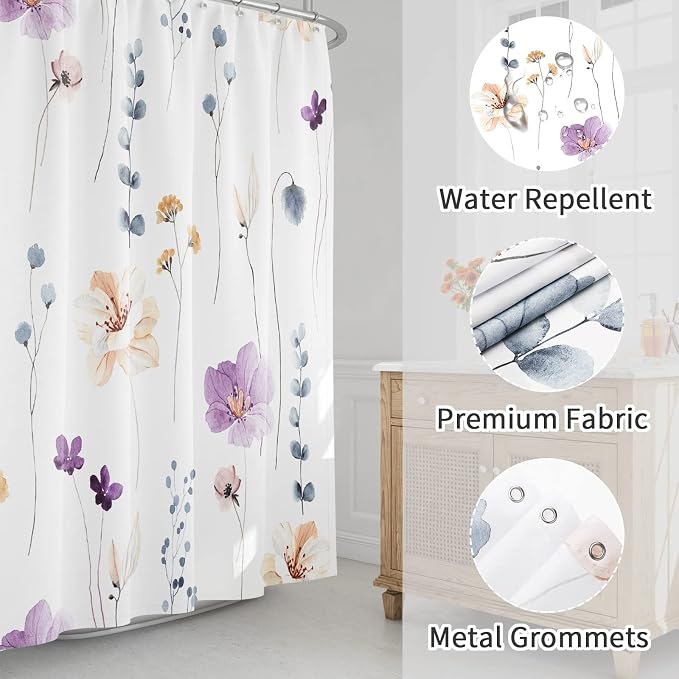 Purple Beige Watercolor Floral Fabric Shower Curtain, 72x84 | Waterproof Fabric, Modern Minimalist Floral Print, Machine Washable, Rustproof Grommets, Fade Resistant, for Bath Home