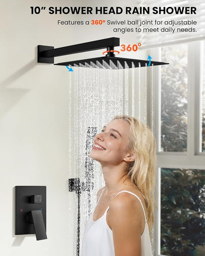 gotonovo Tub Shower Faucet Set with Valve 10'' Rain Head,Matte Black | Waterfall Tub Spout Shower System,Bathtub Faucet Set,SUS304 Rain Head with Handheld,Brass Valve Trim Kit,All Metal,Wall Mount