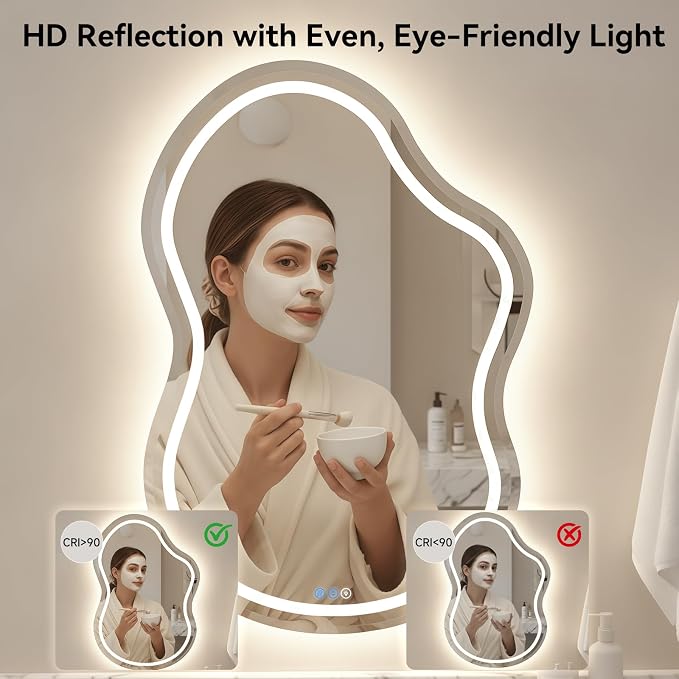 Irregular Wall Mirror 24 x 36 Inch, Lighted Mirrors for Bathroom Wall, Asymmetrical LED Mirror for Bathroom with Anit-Fog, Dimmable, Memory Function (Horizontal/Vertical)