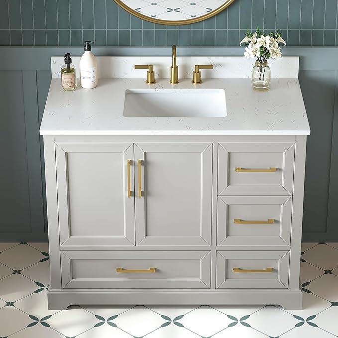 42 Inch Bathroom Vanity with Sink Combo, Solid Wood Frame with Stone Top & Backspalsh, Fully-Assembled with Soft-Closing Doors & 4 Drawers, Greige