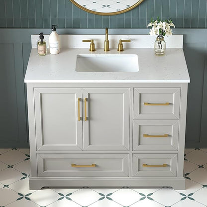 42 Inch Bathroom Vanity with Sink Combo, Solid Wood Frame with Stone Top & Backspalsh, Fully-Assembled with Soft-Closing Doors & 4 Drawers, Greige