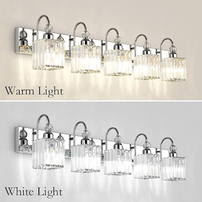Ralbay Chrome Crystal Vanity Lights 5-Lights 40'' Modern Crystal Bathroom Light Fixtures Modern Crystal Vanity Lighting Over Long Mirror Bathroom Wall Lighting Fixtures