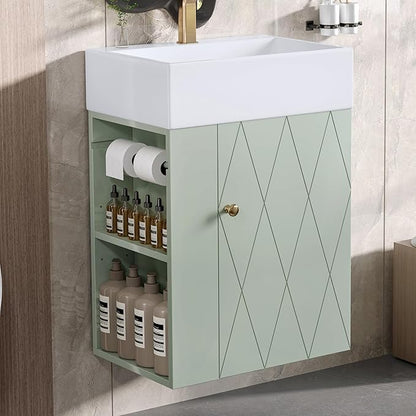 Harper & Bright Designs 20" Bathroom Vanity with Sink, Wall-Mounted Single Basin Vanity Set with Cabinet & Two-Tier Left Side Storage Shelf, Storage Cabinet with Ceramic Basin for Bathroom, Green