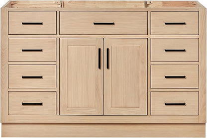 ARIEL Hepburn 54-inch Bathroom Vanity Base Cabinet,Solid Wood, 2 Soft Closing Doors, 9 Dovetail Drawers, White Oak