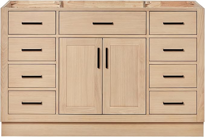 ARIEL Hepburn 54-inch Bathroom Vanity Base Cabinet,Solid Wood, 2 Soft Closing Doors, 9 Dovetail Drawers, White Oak