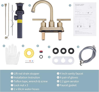 WOWOW Brushed Gold Bathroom Faucet 4 Inch Ceterset Bathroom Sink Faucet 3 Hole Vanity Faucet 2 Handle Basin Faucet with Drain Tall Mixer Tap Modern