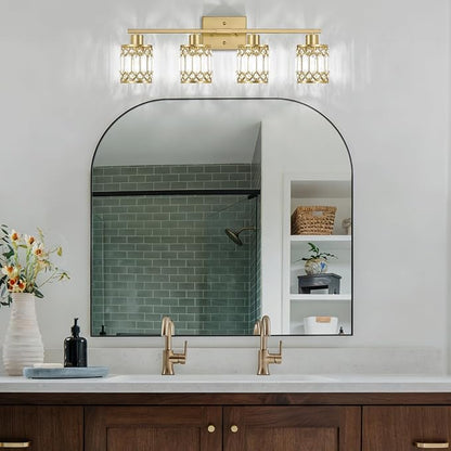 Crystal Modern Bathroom Light Fixtures, 4-Light Brushed Gold Bathroom Vanity Wall Light, Vanity Lights for Mirror, Restroom, Bedroom (E26 Socket, Bulbs Not Included)