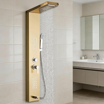 5-in-1 Shower Panel Tower System - Brushed Gold | 304 stainless steel Shower Panel Tower Column with Powerful Body Jets, Rainfall, Waterfall,Handheld and Tub Spout
