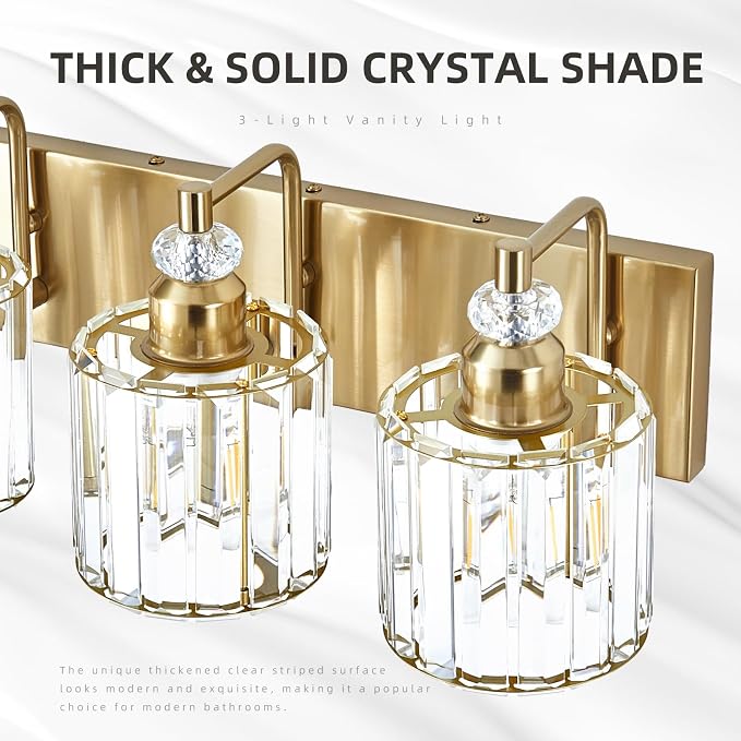 4-Light Modern Vanity Lights Brushed Brass Bathroom Light Fixtures Over Mirror Gold Bathroom Vanity Lighting with Crystal Shade E26 Base Wall Sconce for Bedroom Living Room Restroom Wall Lamp