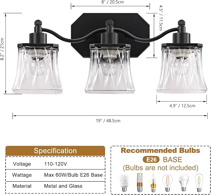3-Light Matte Black Vanity Light, Vintage Crystal Glass Shades | Rust & Humidity Resistant Iron Frame,Mounted Over Mirror, Compatible with E26 Bulbs for Bathroom, Bedroom & Hallway