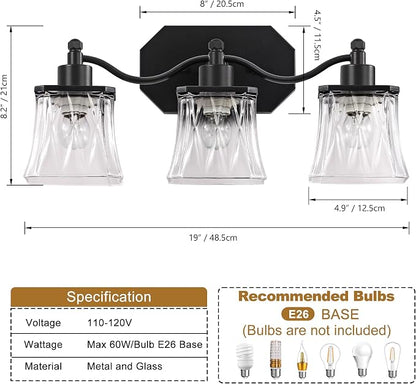 3-Light Matte Black Vanity Light, Vintage Crystal Glass Shades | Rust & Humidity Resistant Iron Frame,Mounted Over Mirror, Compatible with E26 Bulbs for Bathroom, Bedroom & Hallway