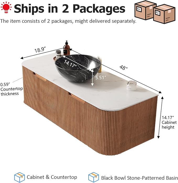 48" Floating Bathroom Vanity with Sink, Plywood Bathroom Storage Cabinet with Bowl Shape Marble Ceramic Basin and Countertop, Large Soft-Closing Storage Drawer, Pre-Assembled, Nature Wood