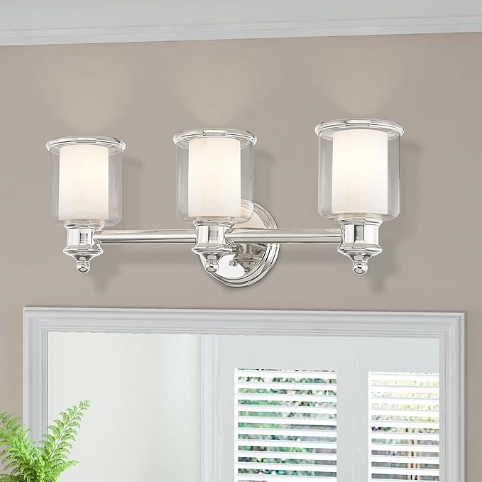 Livex Lighting 40213-35 Middlebush Collection 3-Light Bathroom Vanity Light with Double Shaded Hand Crafted Glass Shades, Polished Nickel, 23.5 x 6.5 x 9