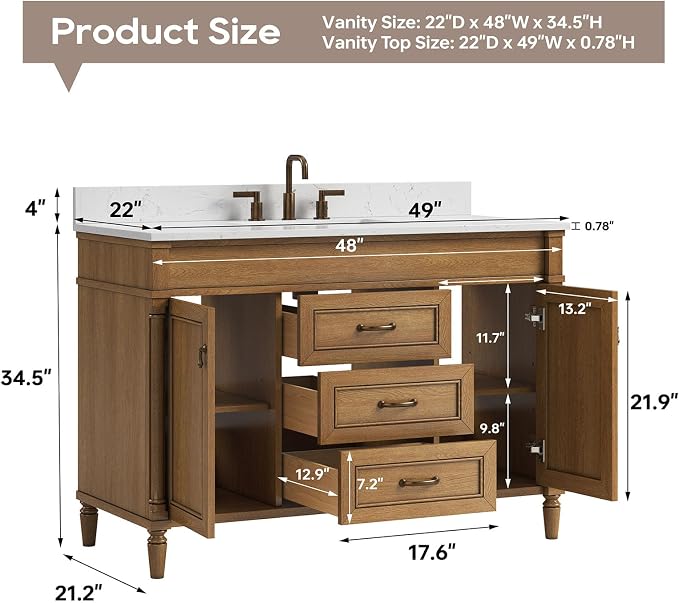 48 Inch Bathroom Vanity with Sink Combo, Classic Bathroom Cabinet with Countertop & Backsplash, Solid Wood Vanity with Soft Closing Doors & Dovetail Drawers, Ceramic Sink, Light Walnut