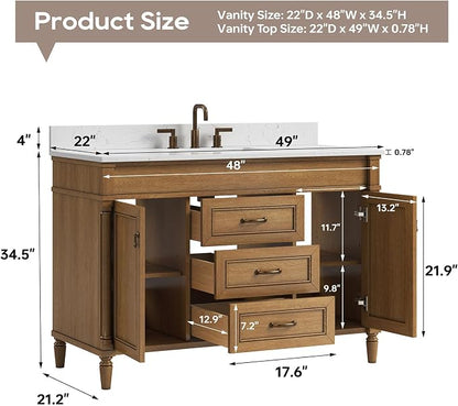 48 Inch Bathroom Vanity with Sink Combo, Classic Bathroom Cabinet with Countertop & Backsplash, Solid Wood Vanity with Soft Closing Doors & Dovetail Drawers, Ceramic Sink, Light Walnut
