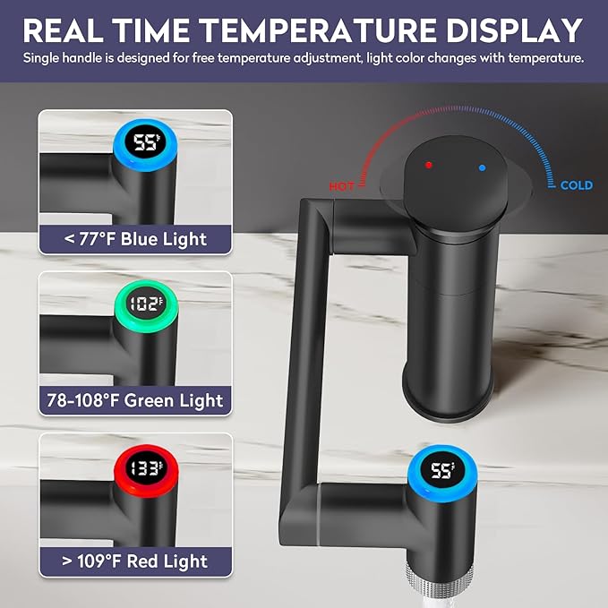 HOWUWEY 1080° Rotatable Single Hole Bathroom Vanity Faucet with Temperature Display, Height Adjustable Single Lever Bathroom Sink Faucet 1 Hole, LED Basin Faucet with Color Change (Black)