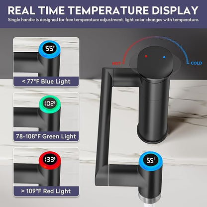 HOWUWEY 1080° Rotatable Single Hole Bathroom Vanity Faucet with Temperature Display, Height Adjustable Single Lever Bathroom Sink Faucet 1 Hole, LED Basin Faucet with Color Change (Black)