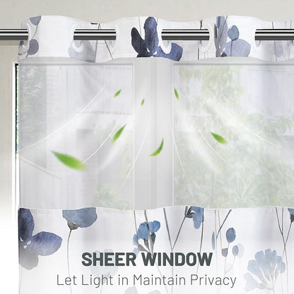 No Hook Floral Shower Curtain with Liner, Blue White, 71x74 | Snap in Liner, 3 in 1, Water Repellent, Easy Install, Machine Washable, Hotel Style for Bathroom, Watercolor Pattern