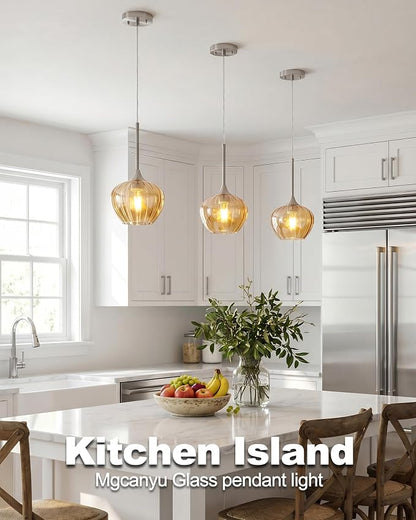 2-Pack Amber Pendant Lights for Kitchen Island, 7.7" Modern Glass Pendant Lighting with Brushed Nickel Vintage Light Fixtures Adjustable Hanging Light for Kitchen, Dining Room, Bar, Bathroom