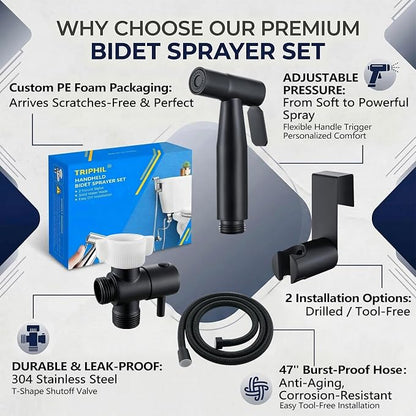 TRIPHIL Handheld Bidet Sprayer for Toilet, Adjustable Water Pressure Jet Bidet Attachment with Leak-Proof 304 Stainless Steel T-valve for Bathroom Cleaning, Cloth Diaper/Feminine Wash, Matte Black