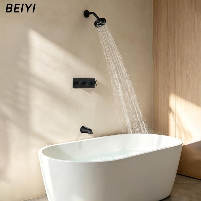 3 Handle Tub Shower Faucet Matte Black Shower Tub Faucet Set | 3 Knob Bathtub Shower Faucets Sets Complete for Bathroom Shower Trim Kit with Rough-in Valve