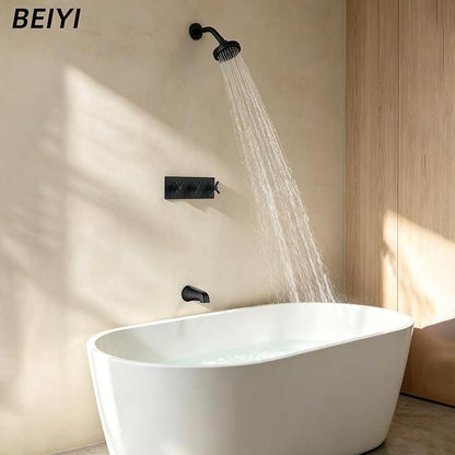 3 Handle Tub Shower Faucet Matte Black Shower Tub Faucet Set | 3 Knob Bathtub Shower Faucets Sets Complete for Bathroom Shower Trim Kit with Rough-in Valve