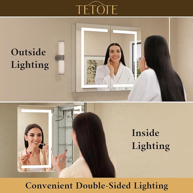 TETOTE LED Lighted Bathroom Medicine Cabinet Mirror with Lights 36 x 30 Recessed or Wall Mounted Cabinet with 2 Door, Tempered Glass, Outlets & USB, 3-Color Stepless Dimming, Defog, Adjustable Shelf