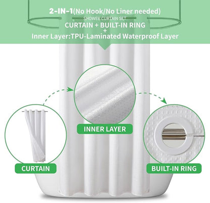 eachope No Hook Waffle Shower Curtain, No Liner Needed, 54x80 Inch, White | 100% waterproof TPU-laminated backing, magnetic weighted hem, machine washable, for bathroom, hotel, or shower stall use