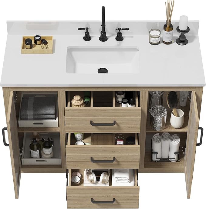 48" Brown Freestanding Bathroom Vanity with Single Sink, Durable Quartz Countertop & Ceramic Basin, Brown Woodgrain Cabinet with Soft-Close Doors & 3 Drawers, Fully Pre-Assembled