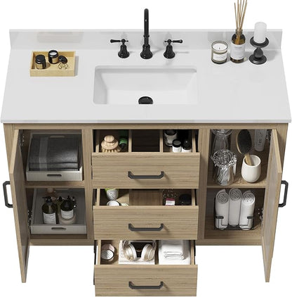 48" Brown Freestanding Bathroom Vanity with Single Sink, Durable Quartz Countertop & Ceramic Basin, Brown Woodgrain Cabinet with Soft-Close Doors & 3 Drawers, Fully Pre-Assembled