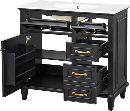 36" Bathroom Vanity with Ceramic Sink Top, Soft-Close Door & Flip Drawers, Freestanding Storage Cabinet W/Adjustable Shelf, Solid Wood Frame for Bathrooms, Powder Room, Guest Bath,Black