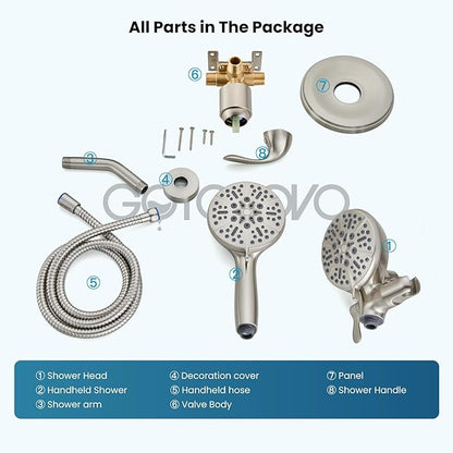 gotonovo Shower Valve and Trim Kit 2 in 1 Shower Head and Handle Set System Bathroom Shower Faucet Set 3 Modes Various Combinations High Pressure with Rough-in Valve Brushed Nickel