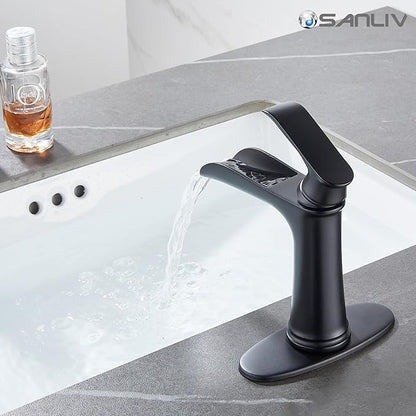 Black Waterfall Bathroom Faucet, Sanliv Single Handle Bathroom Faucets for Sinks 1 or 3 Hole (4 inch) Hotel Vanity Faucet with Deckplate & Pop-Up Drain, Matte Black