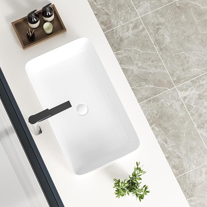KINGWONG 24 Inch Rectangular Vessel Sink White Ceramic Above Counter Basin | Porcelain resists thermal shock & stains. Ultra-smooth glaze cleans in a wipe. Its 4.3" depth cuts water use and splash