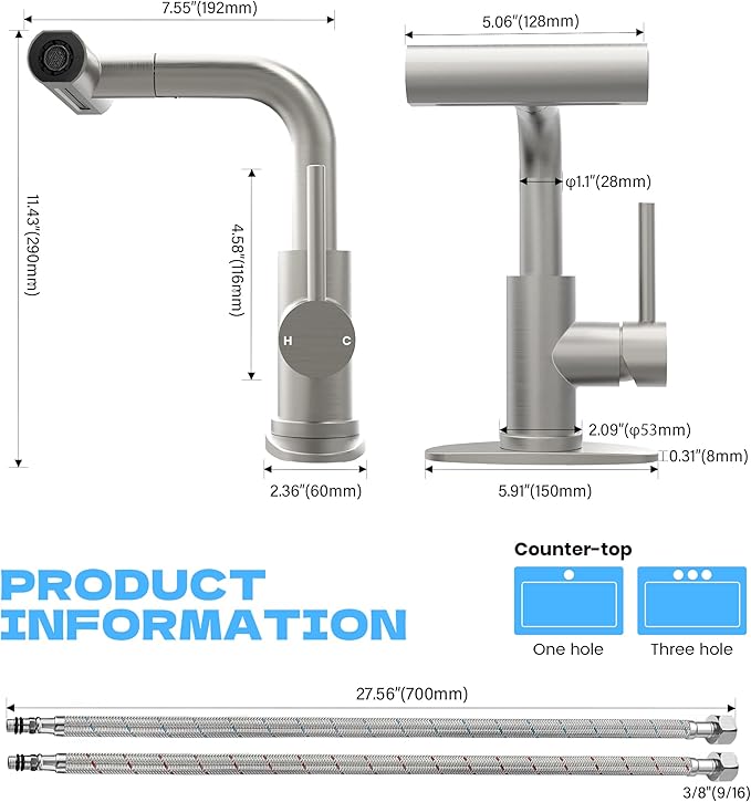 Brushed Nickel Bathroom Faucet with Sprayer - Brushed Nickel Bathroom Faucets for Sink 1 Hole or 3 Holes, 4 Mode Single Handle Vanity Faucet Waterfall Bathroom Faucet with Pull Down Sprayer (No Drain)
