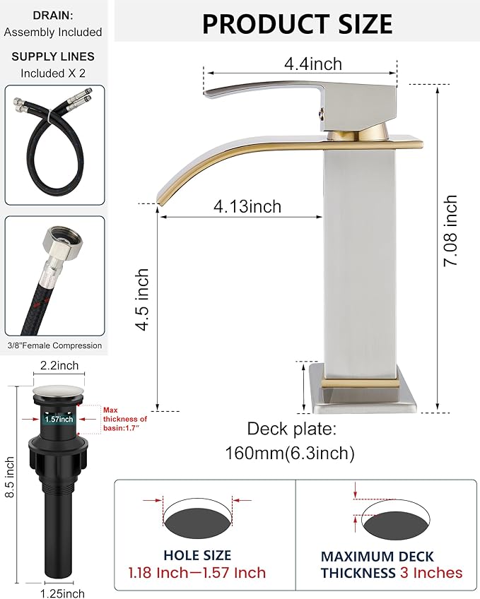 Midanya Bathroom Faucet with Waterfall Spout, Single Hole or 3-Hole Deck Mount, 304 Stainless Steel Sink Faucet with Pop-Up Drain, RV Vanity Compatible,Brushed Gold Spout/Brushed Nickel
