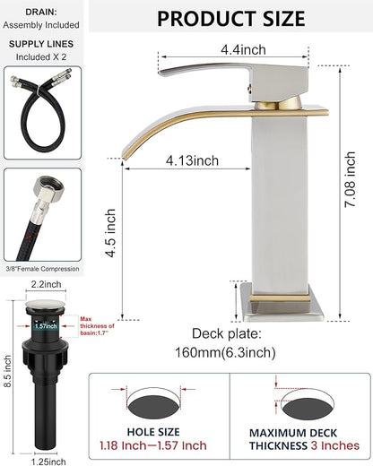 Midanya Bathroom Faucet with Waterfall Spout, Single Hole or 3-Hole Deck Mount, 304 Stainless Steel Sink Faucet with Pop-Up Drain, RV Vanity Compatible,Brushed Gold Spout/Brushed Nickel